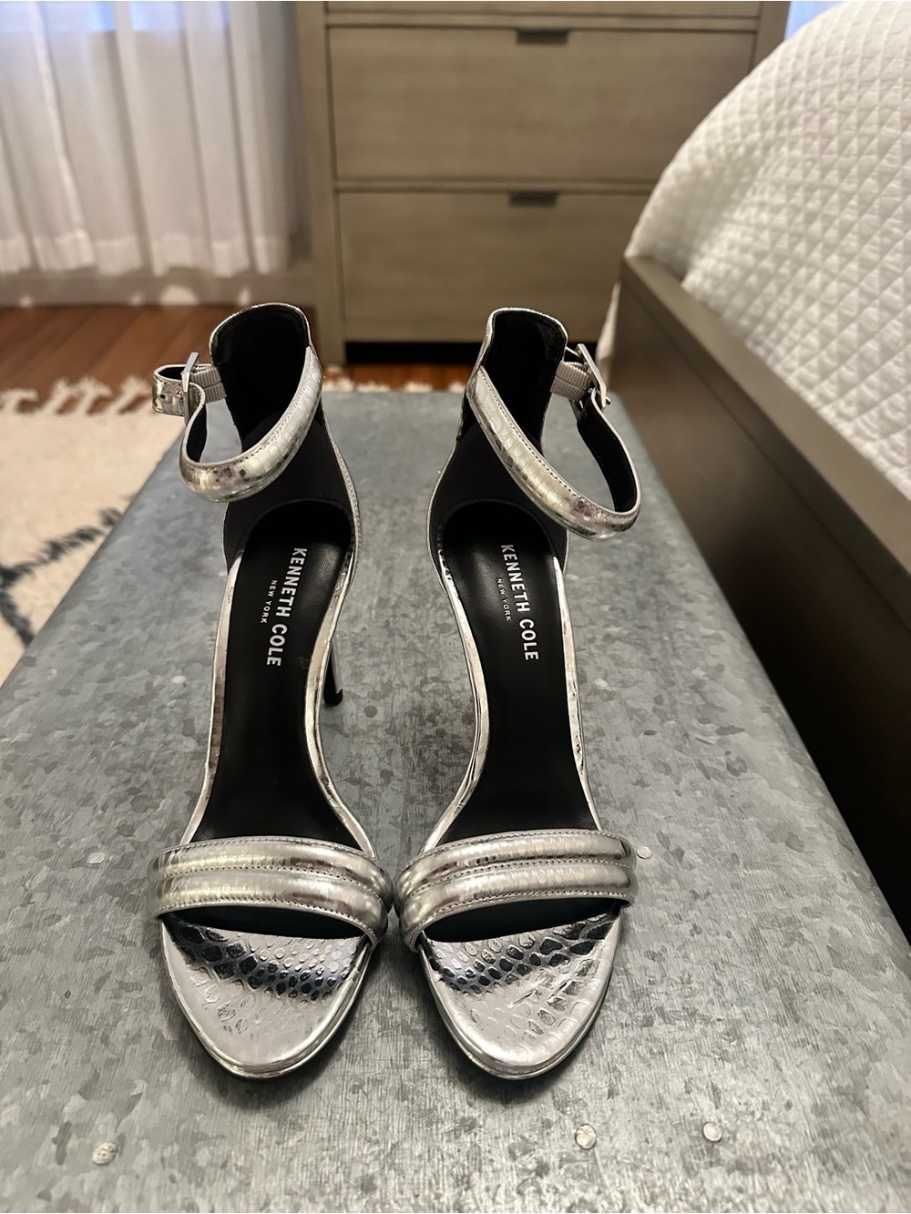 Kenneth Cole Metallic Silver Textured Ankle-Strap Heels